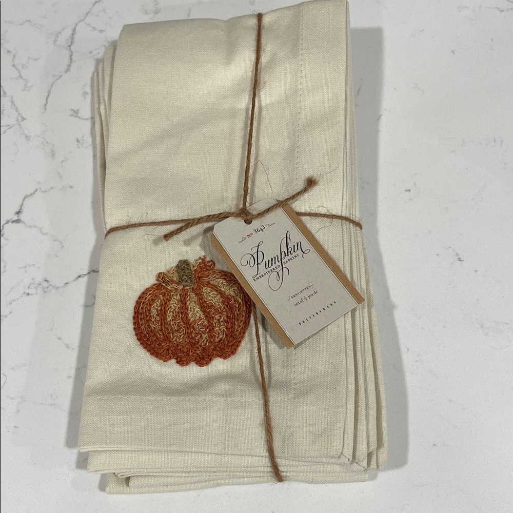 Pottery Barn White Pumpkin Embroidered Napkins